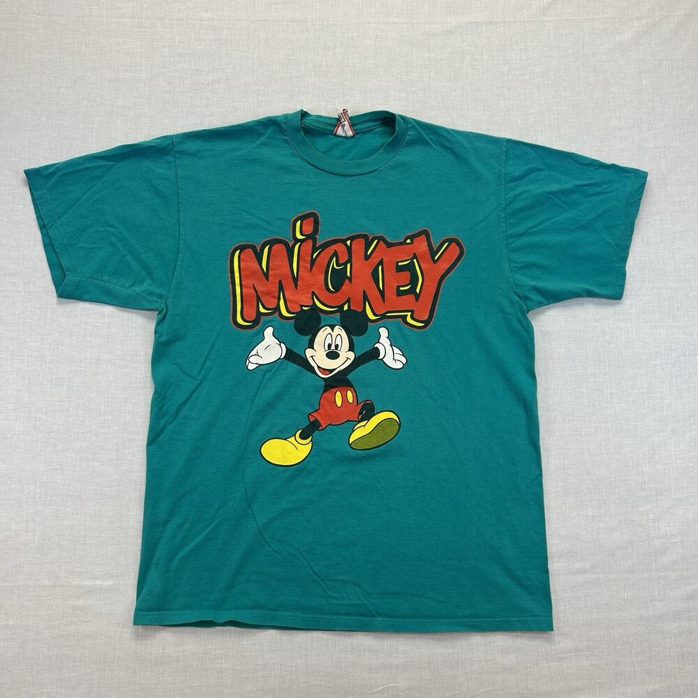 Vintage Mickey Mouse Disney T-Shirt Men's XL Graphic Print Green Made In USA Tee